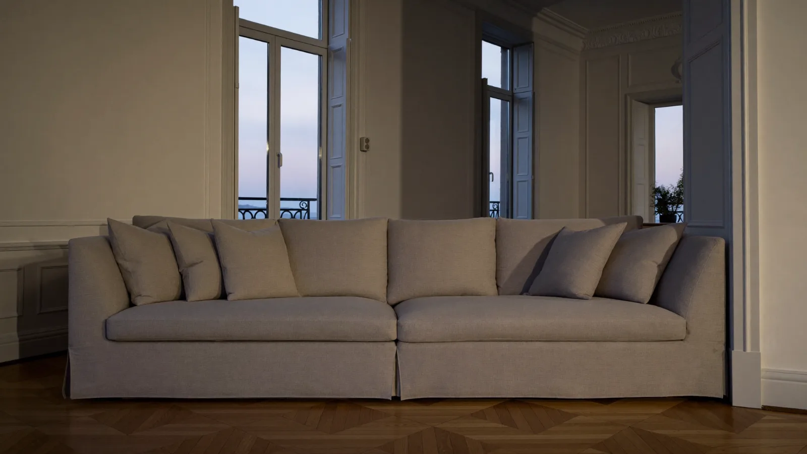 Nettoyage d un canapé d angle en tissu gris dans un salon — illustration