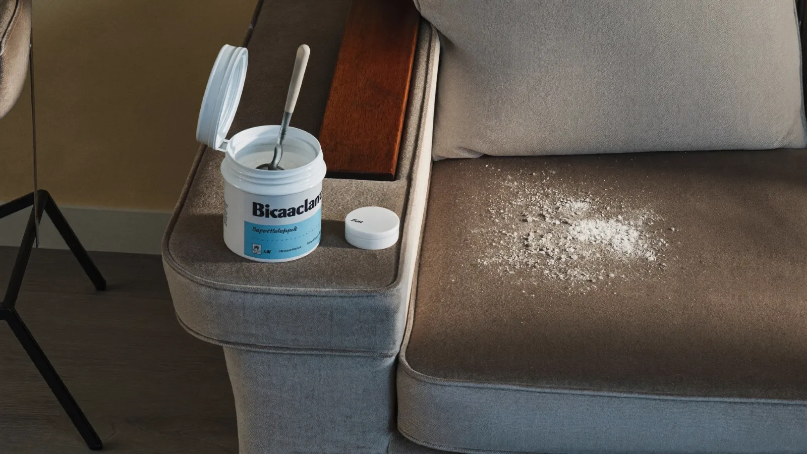 Nettoyer un canapé avec du bicarbonate saupoudré sur l assise — illustration