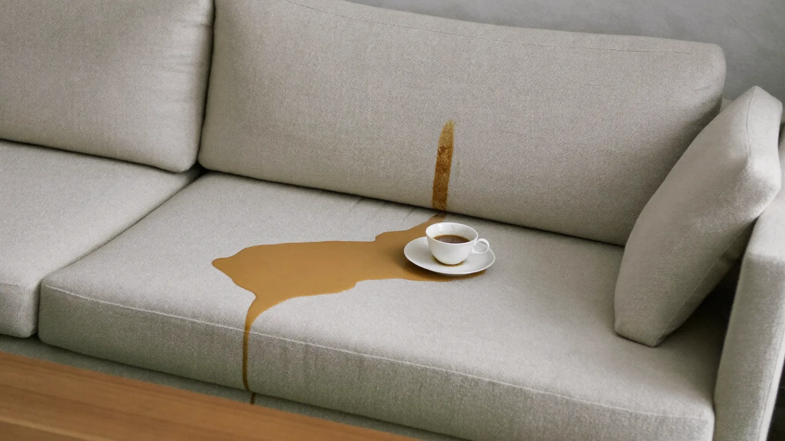 Tache de café sur canapé en tissu clair, tasse renversée — illustration