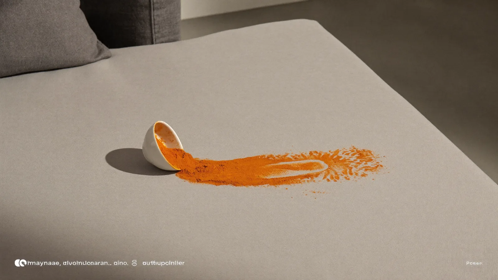 Tache de curcuma : poudre orange renversée sur textile clair — illustration