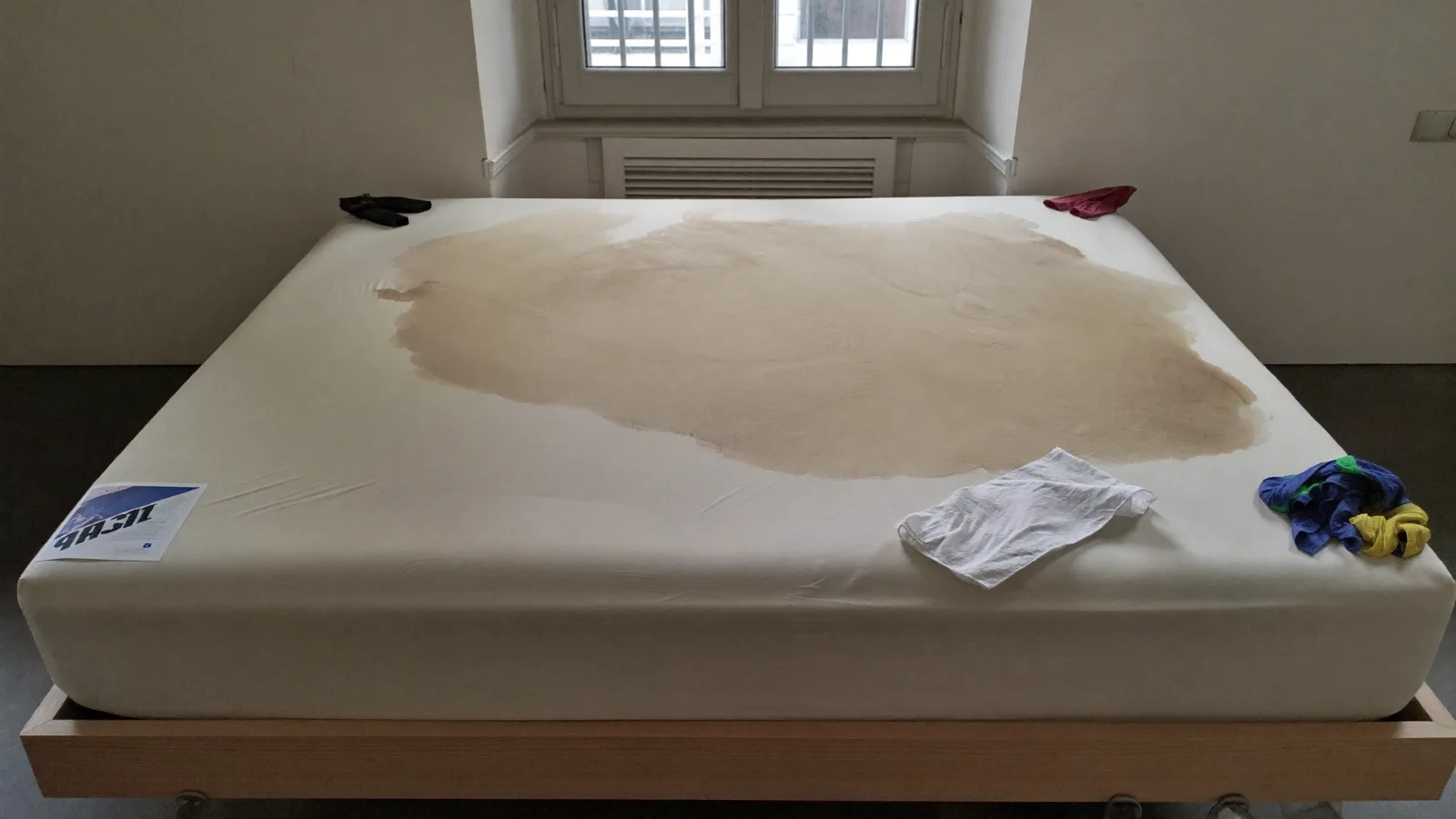 Auréole d'urine sur un matelas blanc dans une chambre lumineuse — illustration